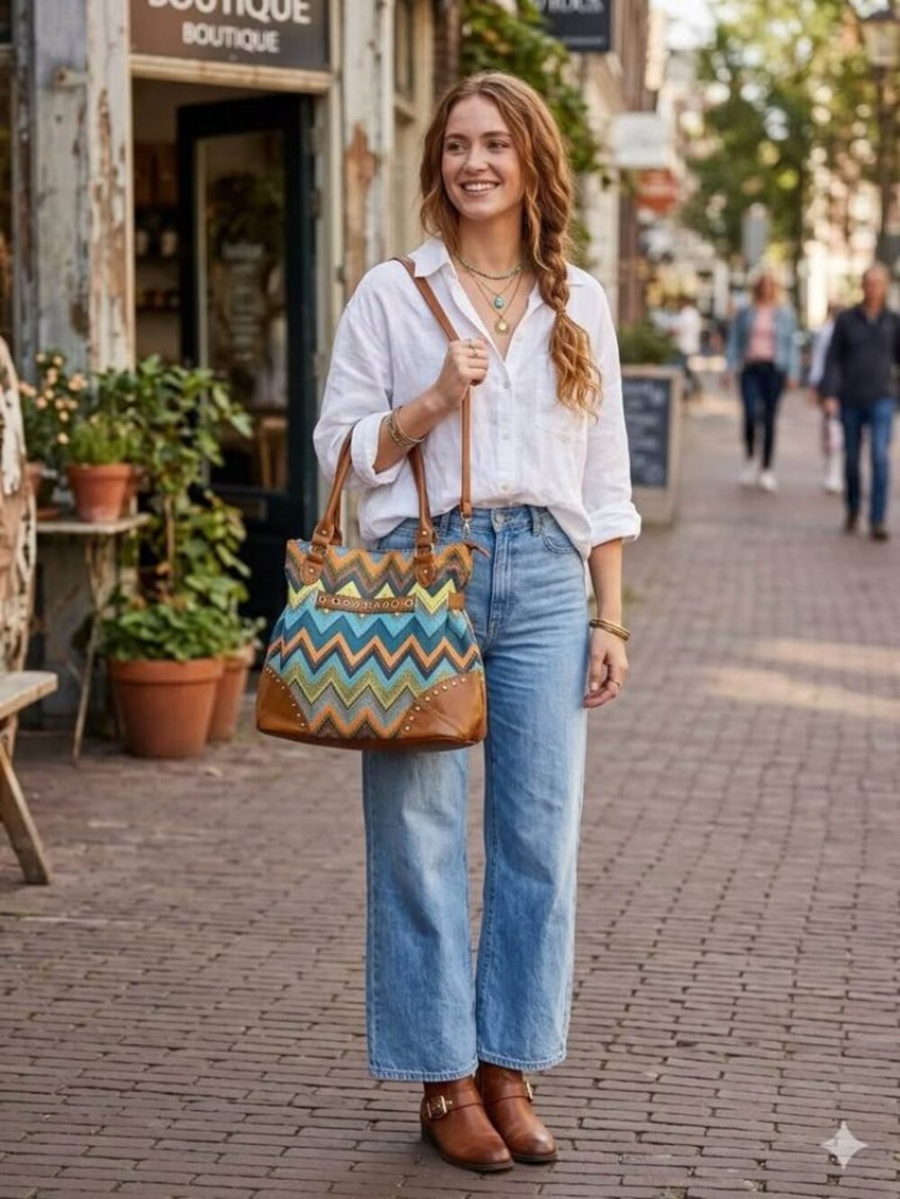 Boho Chevron Slouchy Hobo Shoulder Bag – Multicolor Teal, Orange, Yellow & Brown